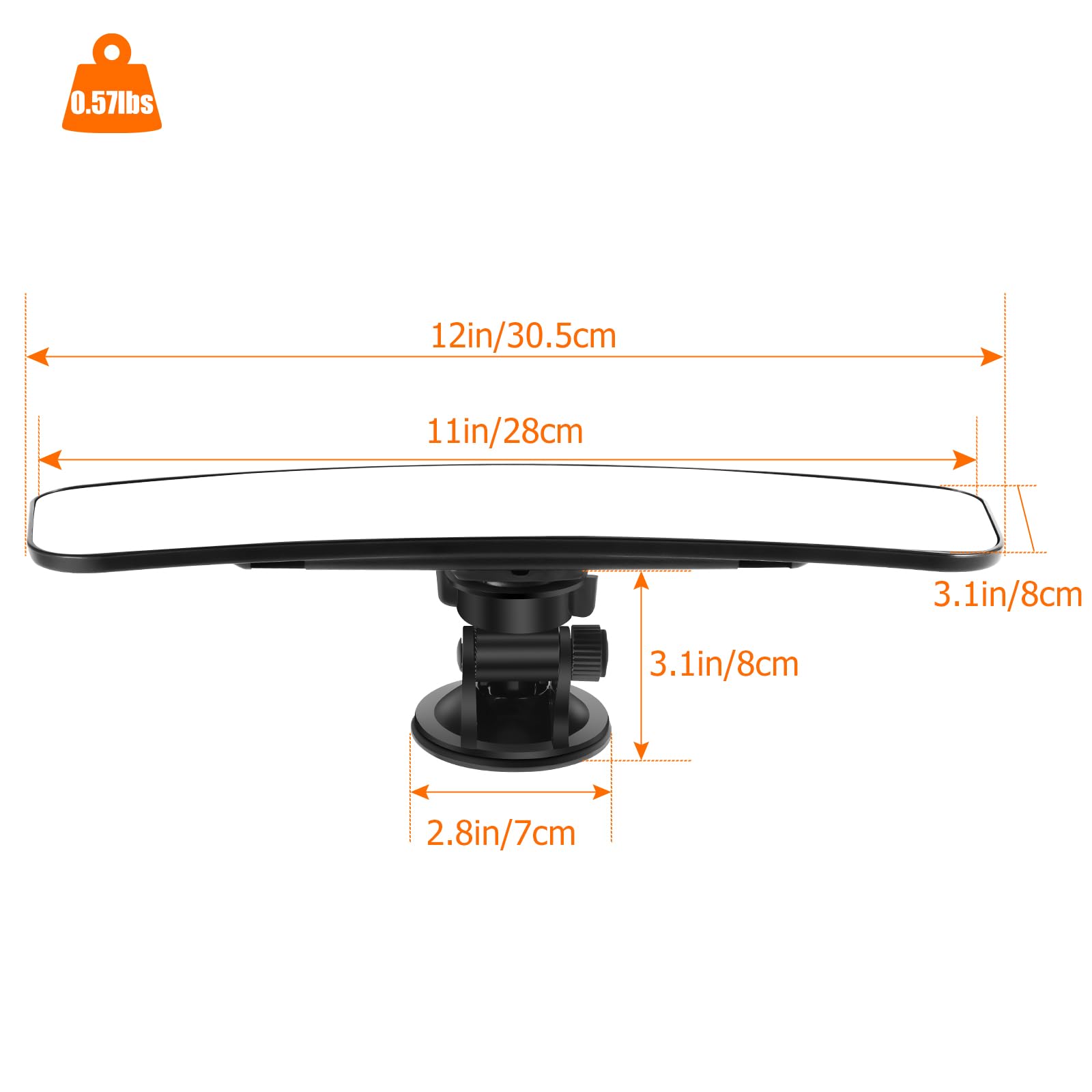 12'' Large Rear View Mirror with Suction Cup, Stick on Universal Frameless Inside Rearview Blue Mirror with Parabolic Wide Angle